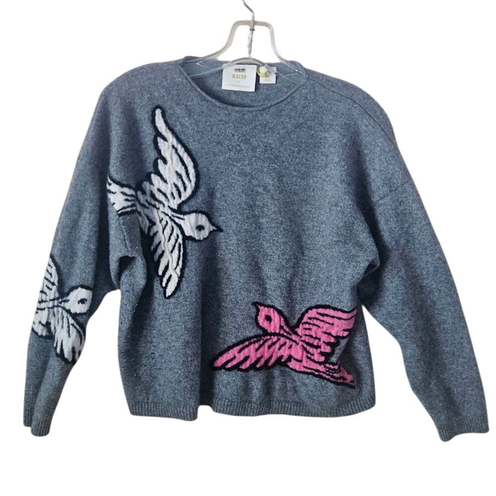 Maeve Adventure Intarsia 100% Cashmere Bird Grey Sweater 1X